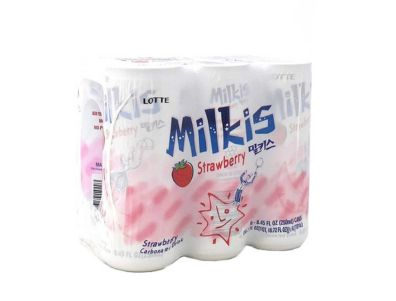 Bebida Lotte Milkis carbonatada sabor fresa, latas de 8,45 oz paquete de 6