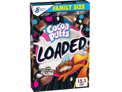 Cereal Cocoa Puffs Loaded rellenos de cacao, elaborados con granos integrales, tamaño familiar 15,1 oz