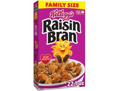 Cereal Raisin Bran de Kellogg's, cereales con fibra, desayuno familiar, tamaño familiar, original, caja de 22,1 oz