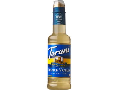 Miel para cafe Torani vainilla francesa sin azúcar, cero calorías, embotellado de cafetería, 12,7 oz