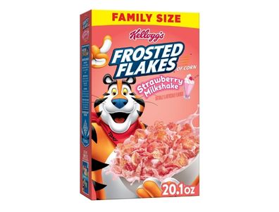 Cereal Frosted Flakes de Kellogg's para niños, desayuno familiar, tamaño familiar, batido de fresa, caja de 20,1 oz (1 caja)