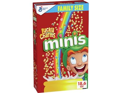 Cereal Lucky Charms Minis con malvaviscos, cereales para el desayuno para niños, tamaño familiar, 18,6 oz