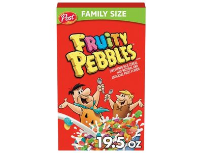 Cereal PEBBLES Fruity, cereales afrutados para niños, sin gluten, crujientes, caja familiar de 19,5 oz