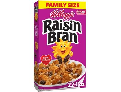 Cereal Raisin Bran de Kellogg's, cereales con fibra, desayuno familiar, tamaño familiar, original, caja de 22,1 oz (1 caja)