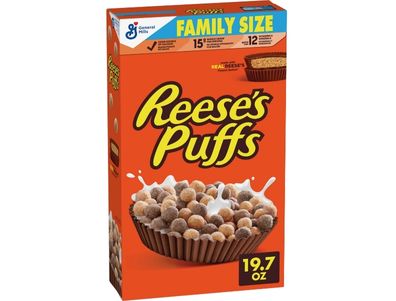 Cereal REESE PUFFS de mantequilla de maní y chocolate, cereales para el desayuno para niños, tamaño familiar, 19,7 oz