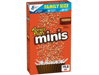 Cereal Reese's Puffs Minis, cereales con mantequilla de maní y chocolate, tamaño familiar, 19,8 oz